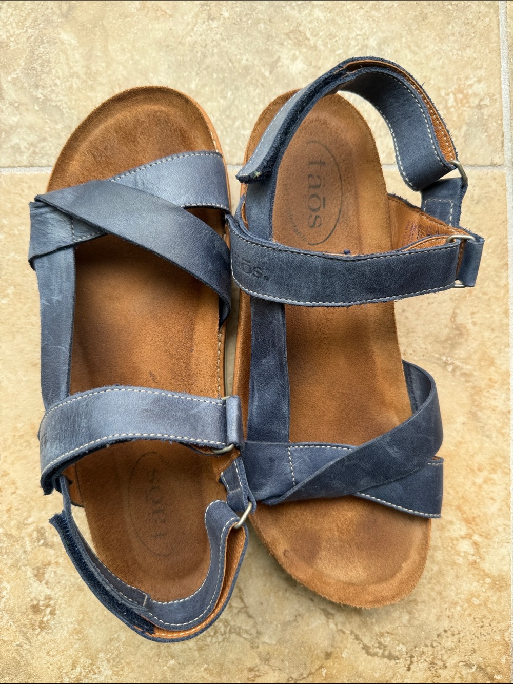 Taos Sideways Sandal Navy Leather Adjustable Hook & Loop Straps 10/10.5 US 41 EU